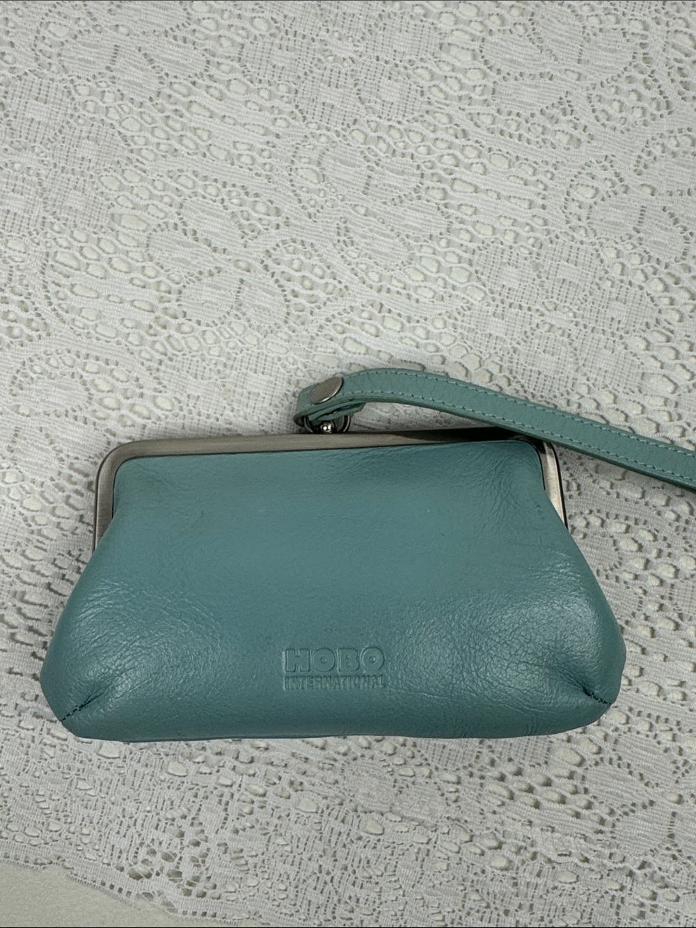 HOBO Light Blue Leather Frame Wristlet Coin Purse Silver clasp Yellow lined